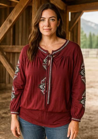 Ladies' Western Embroidered Top | Style RC-1101-WINE