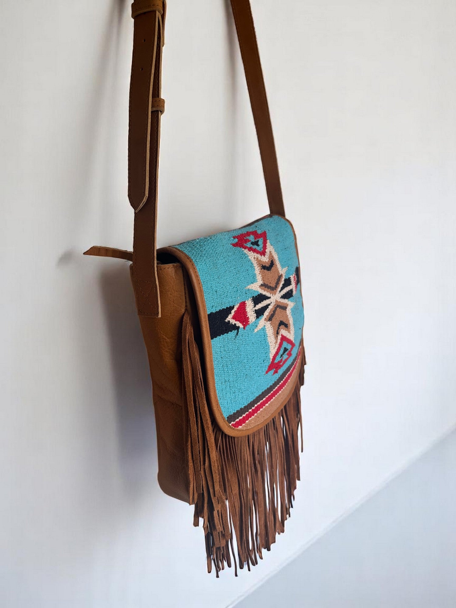 Genuine Leather Bag with Fringes & Aztec Flap. 5321D