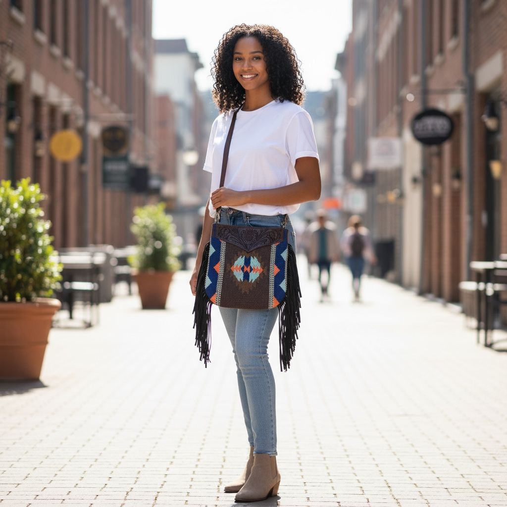Crossbody Bag with Hand Tooled Patch and Fringes. 5399