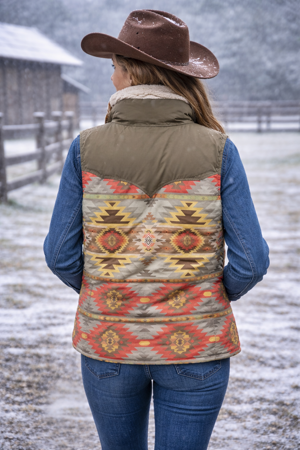 Ladies Poly Fill Vest in Two Tone Aztec Color Combinations - With Western Yokes|L-24111