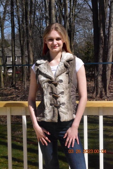Faux Fur Vest with Gathered Nylon Sides, Hidden Zipper Pockets and Toggle Closure