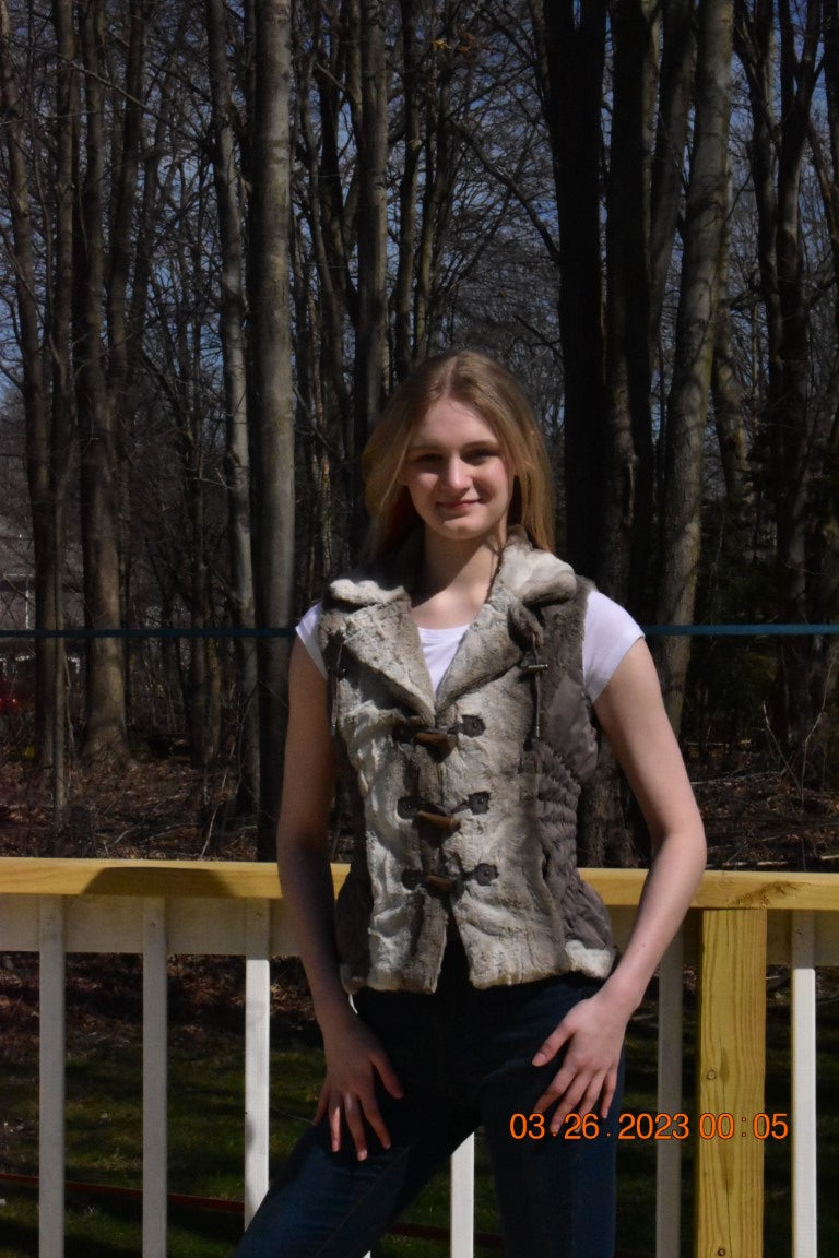 Faux Fur Vest with Gathered Nylon Sides, Hidden Zipper Pockets and Toggle Closure
