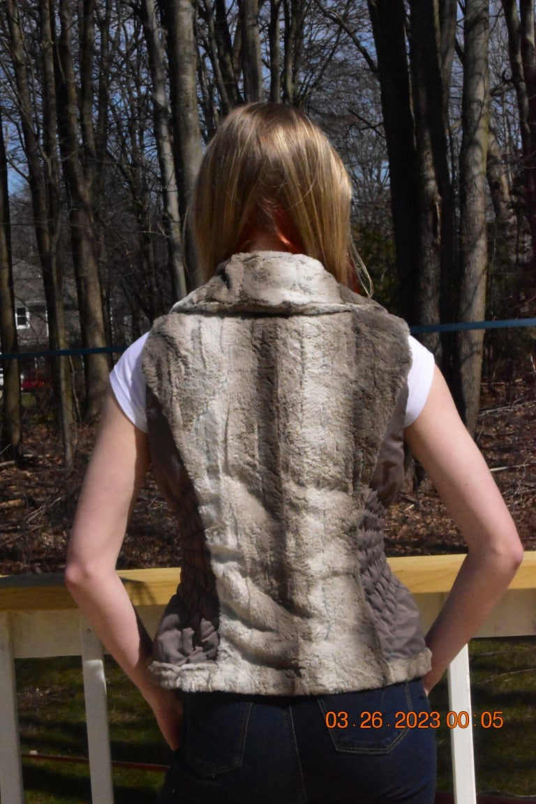 Faux Fur Vest with Gathered Nylon Sides, Hidden Zipper Pockets and Toggle Closure