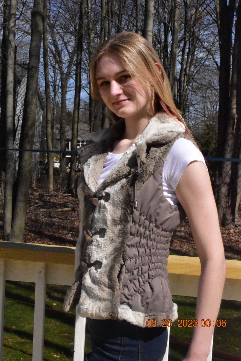 Faux Fur Vest with Gathered Nylon Sides, Hidden Zipper Pockets and Toggle Closure
