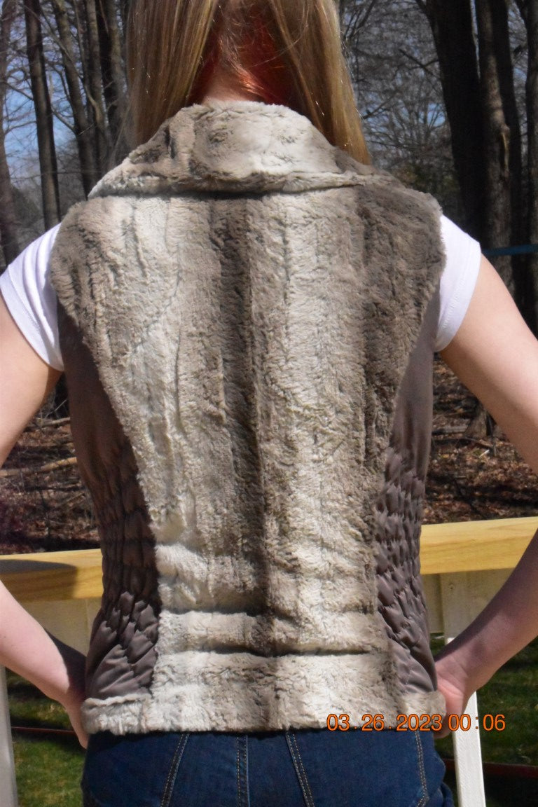 Faux Fur Vest with Gathered Nylon Sides, Hidden Zipper Pockets and Toggle Closure