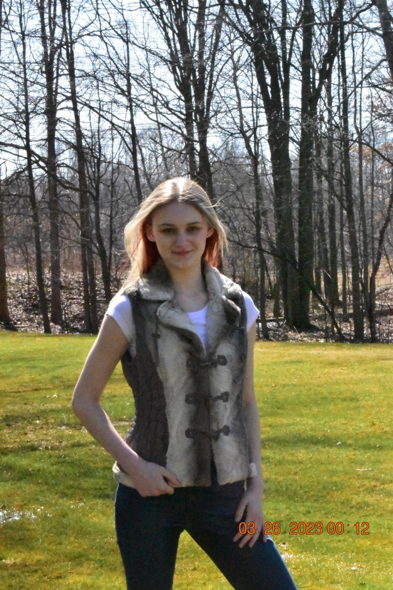 Faux Fur Vest with Gathered Nylon Sides, Hidden Zipper Pockets and Toggle Closure