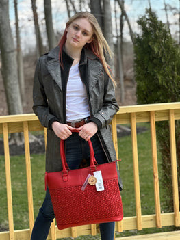 MontanaCo Pure Leather Weave Concealed Carry Tote Bag- Cherry