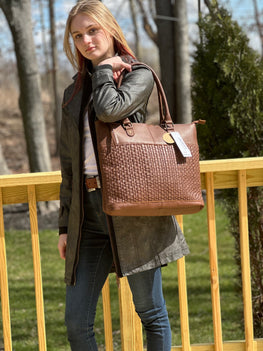 MontanaCo Pure Leather Weave Concealed Carry Tote Bag- Brown
