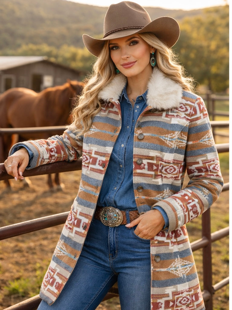 Ladies Long Aztec Jacket/Coat with Removable Fur Collar|L-24615