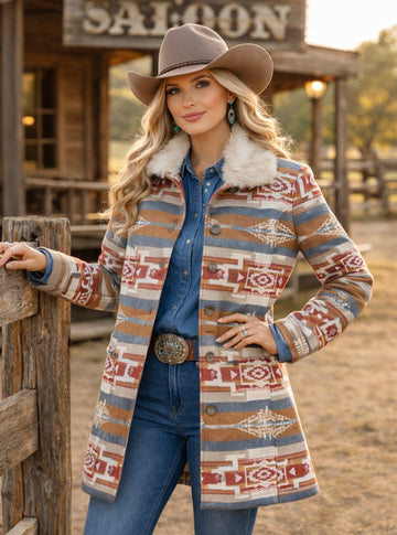 Ladies Long Aztec Jacket/Coat with Removable Fur Collar|L-24615