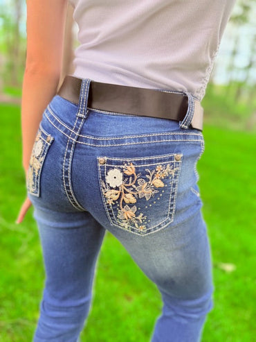 Girls Western Bootcut Jeans - Western Flower Deisgn with Rhinstons Work and Detailed - Stratch Premium Denim Fabric