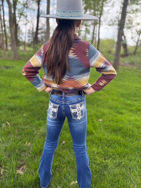 Girls Western Bootcut Jeans - Cross Design in Stratch Premium Denim Fabric