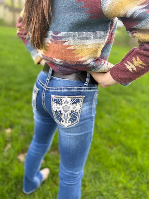 Girls Western Bootcut Jeans - Cross Design in Stratch Premium Denim Fabric