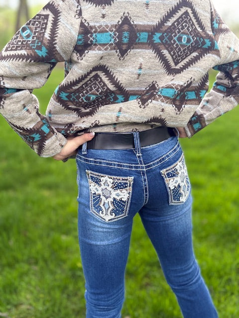 Girls Western Bootcut Jeans - Cross Design in Stratch Premium Denim Fabric