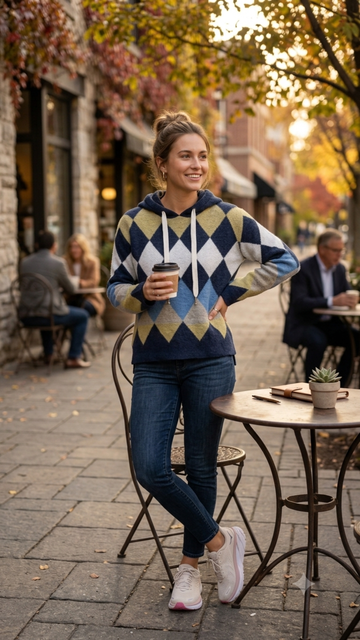 Ladies' Argyle Knitted Pullover Hoodie | Style KF20506