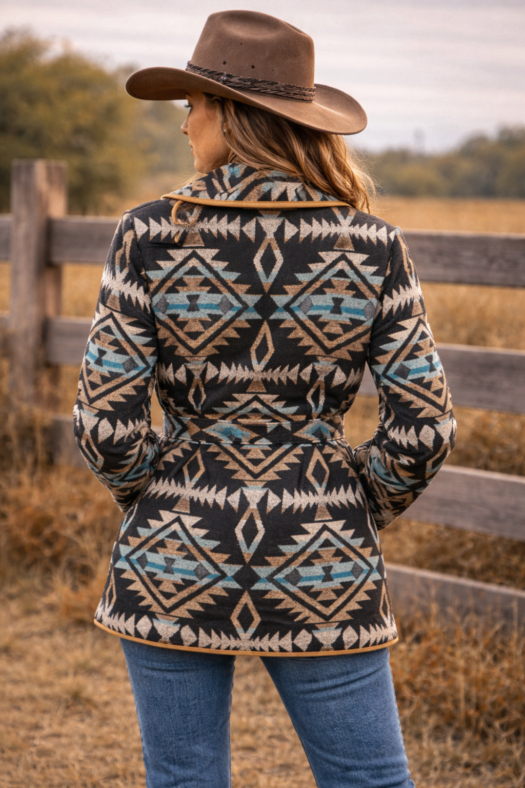 LADIES LONG AZTEC WESTERN OPEN COAT WITH HOOD- L-24616