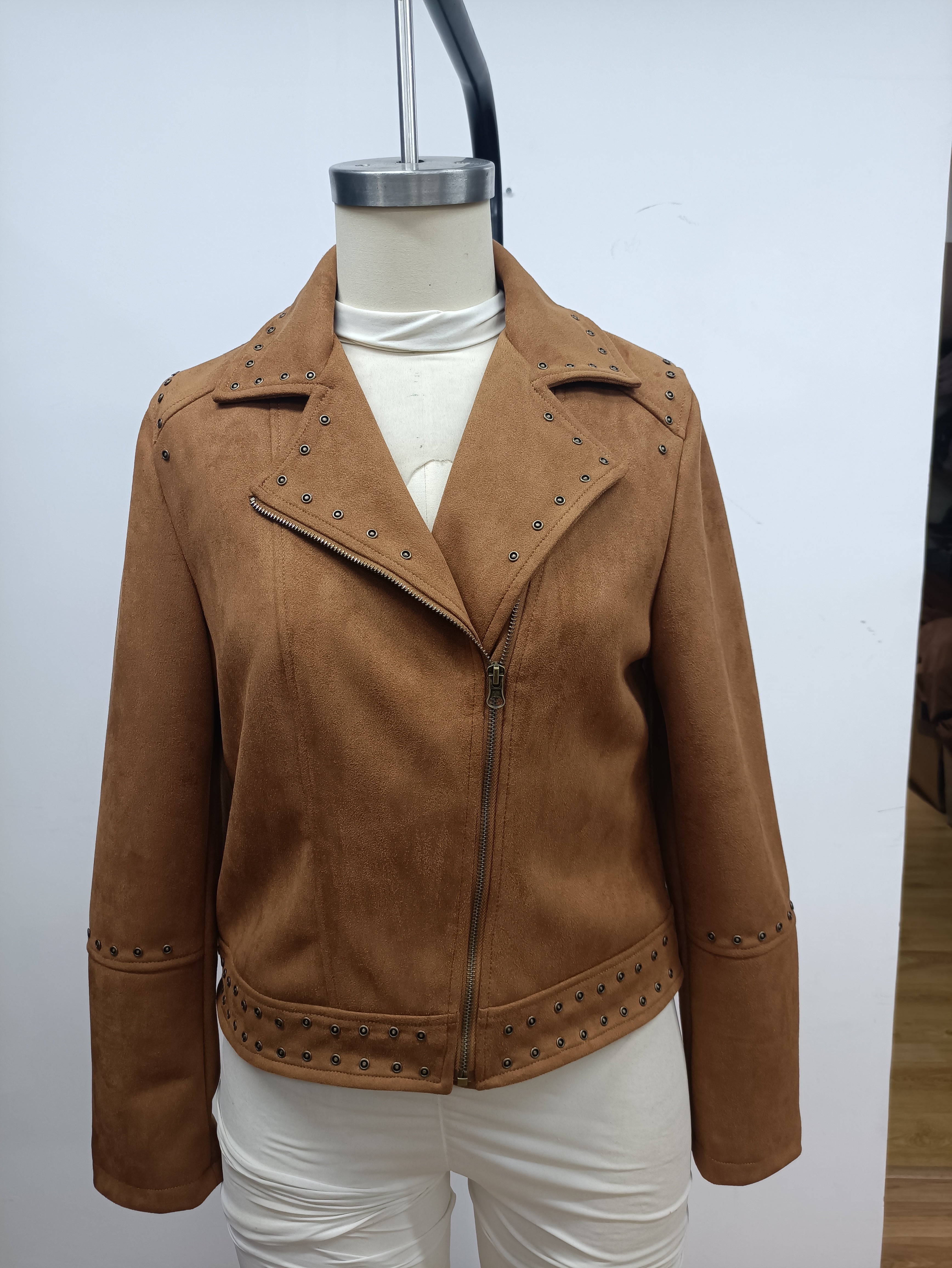 Ladies Faux Suede Jacket with Embroidery and Studs Work.L-25306
