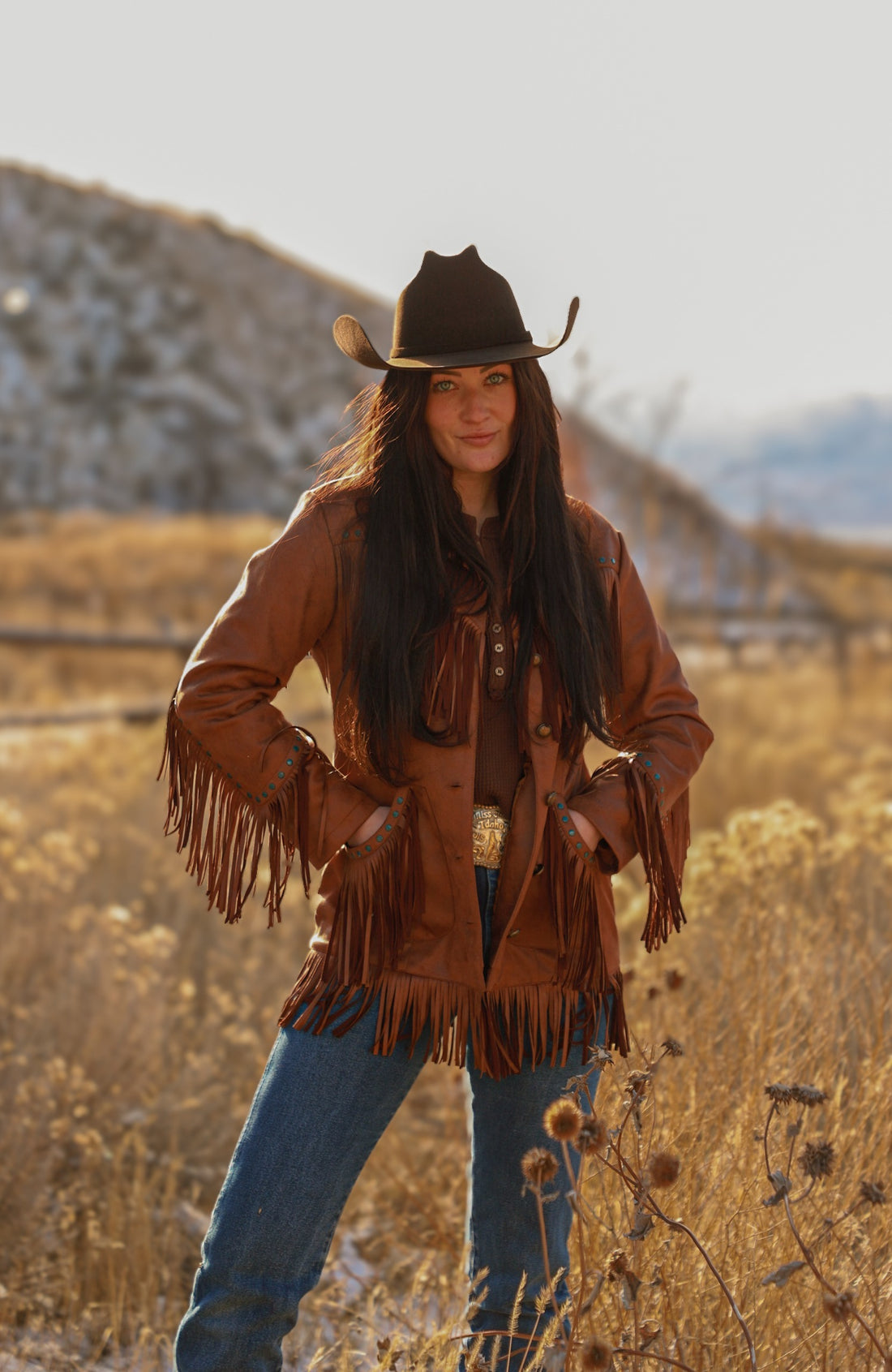 Ladies Faux Suede Jacket with Fring/Studs Work. L-25307