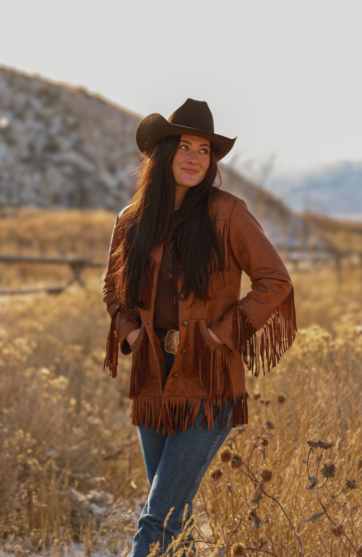 Ladies Faux Suede Jacket with Fring/Studs Work. L-25307