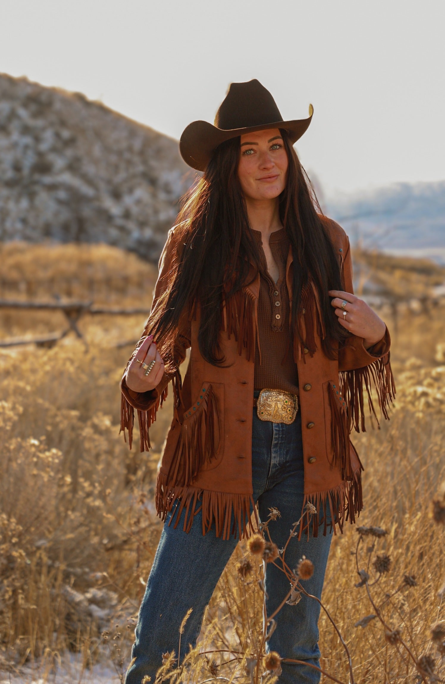 Ladies Faux Suede Jacket with Fring/Studs Work. L-25307