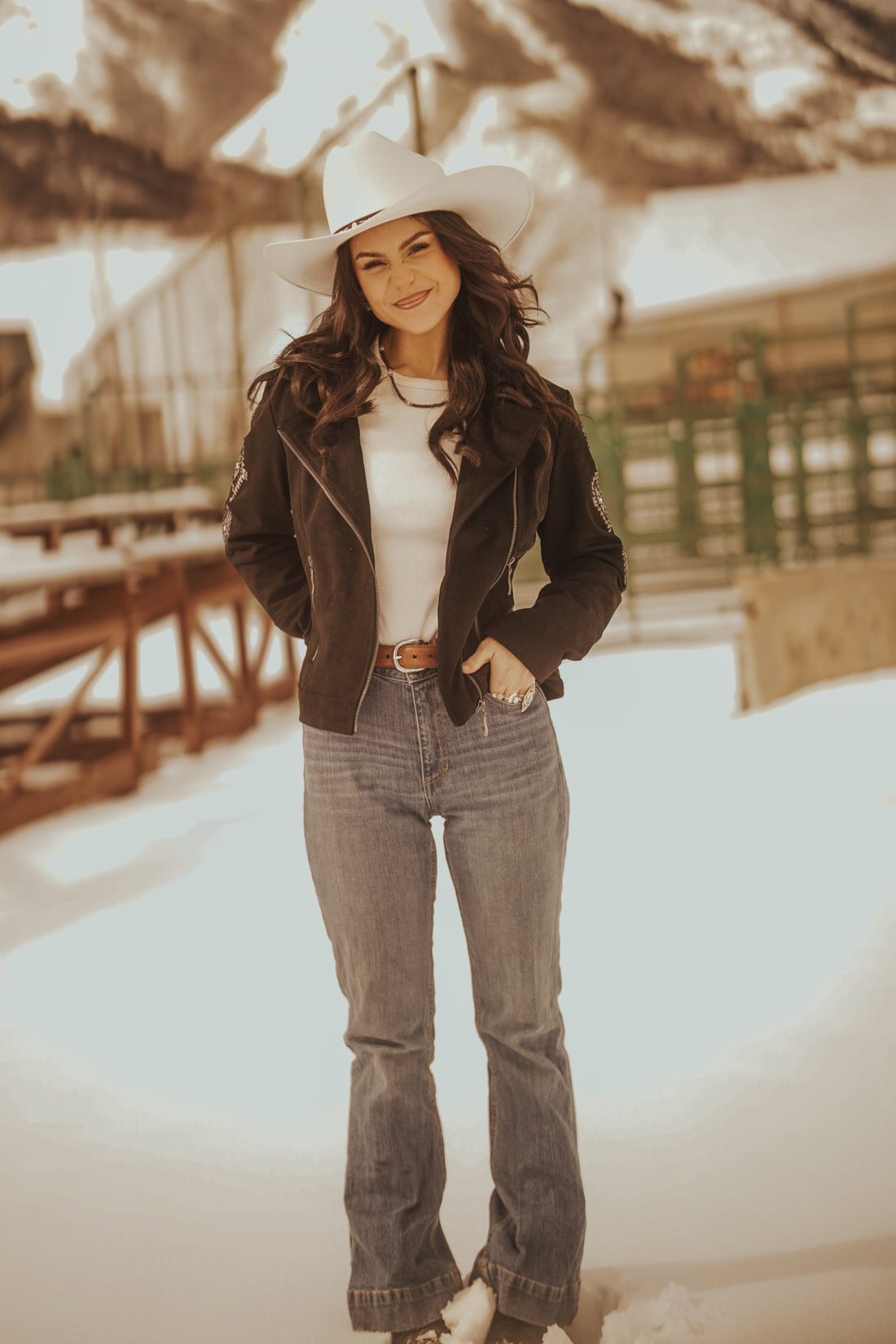 Ladies Faux Suede Jacket with Aztec Embroidery on the Back and Sleeves.L-25309