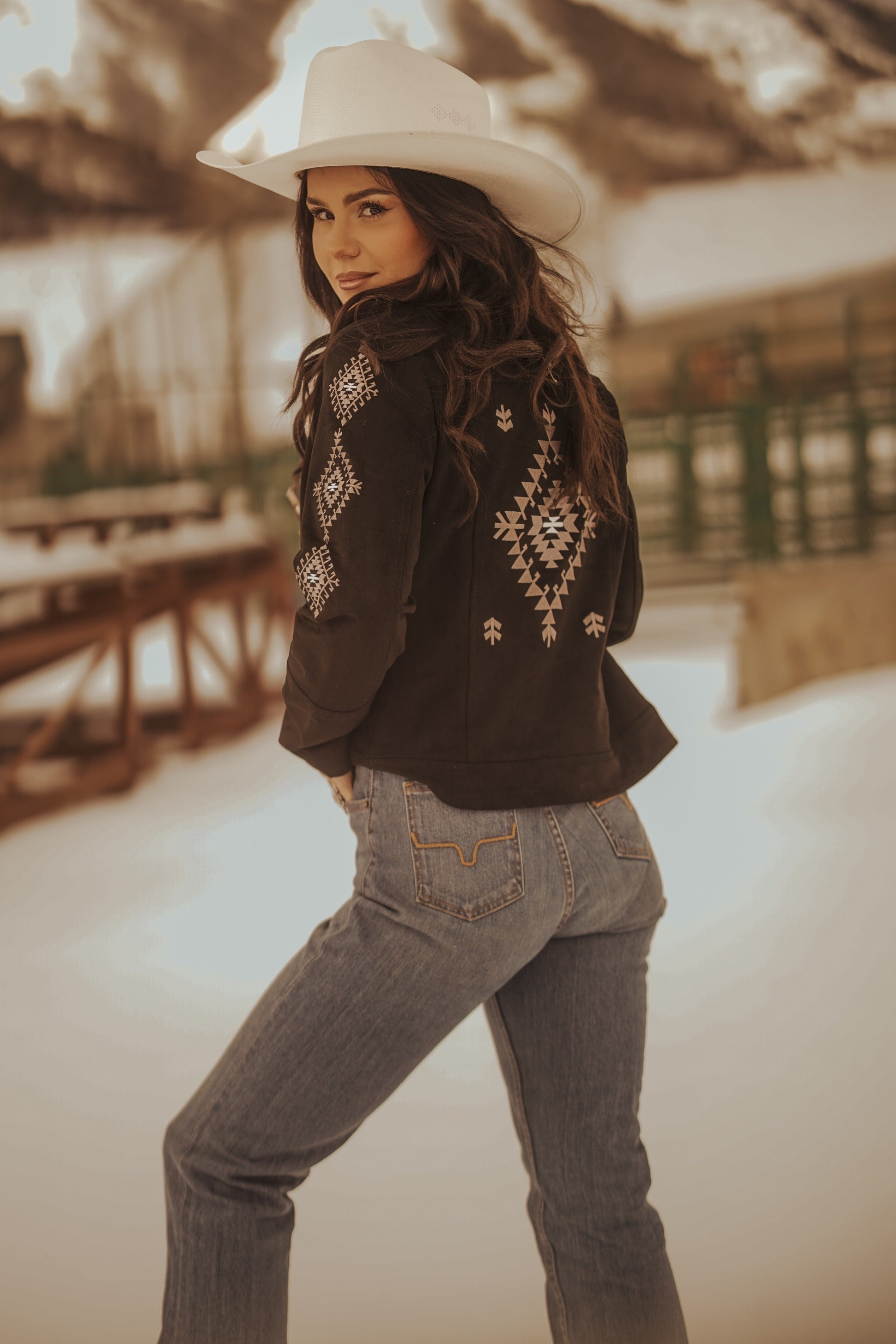 Ladies Faux Suede Jacket with Aztec Embroidery on the Back and Sleeves.L-25309
