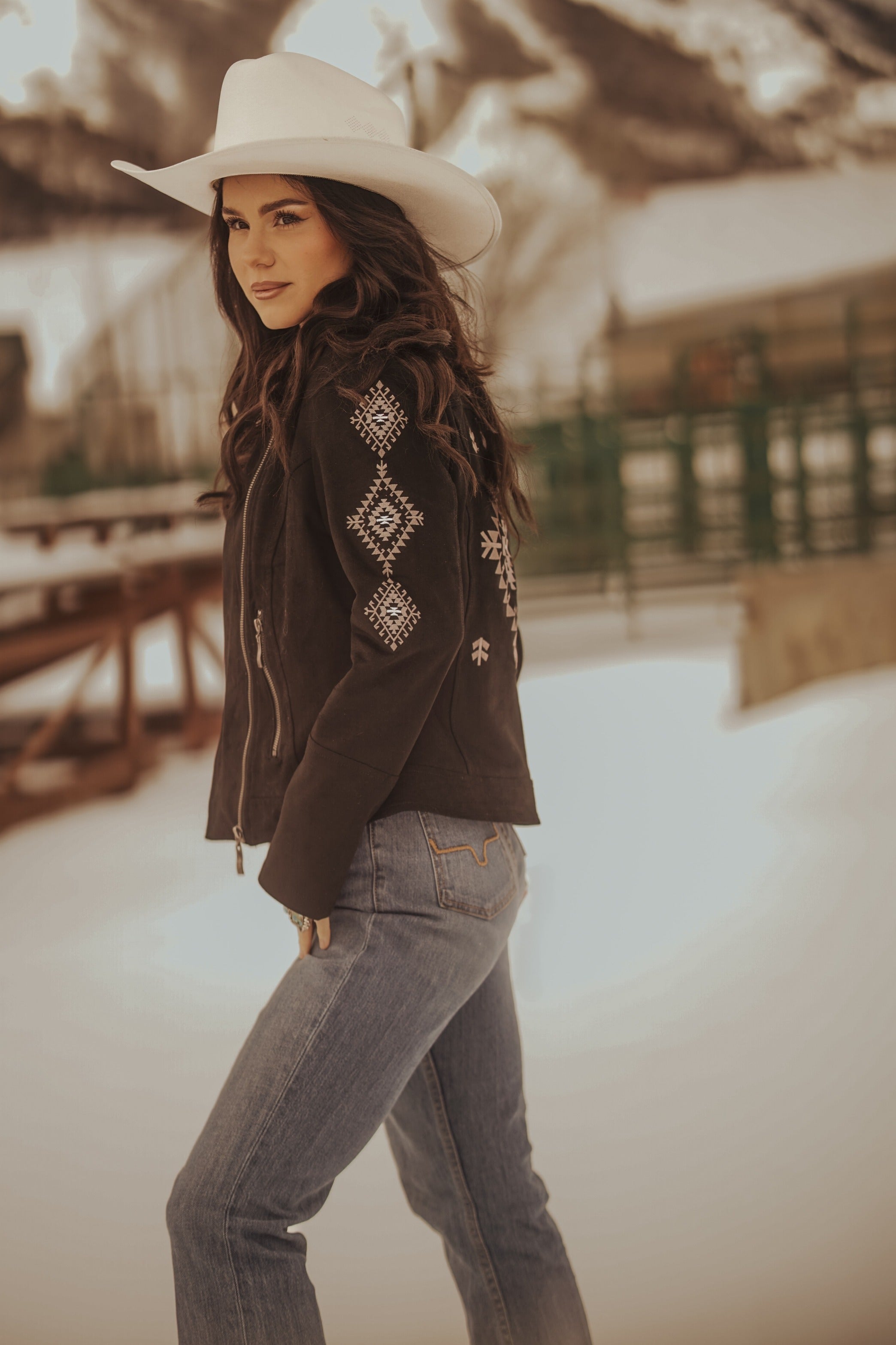 Ladies Faux Suede Jacket with Aztec Embroidery on the Back and Sleeves.L-25309