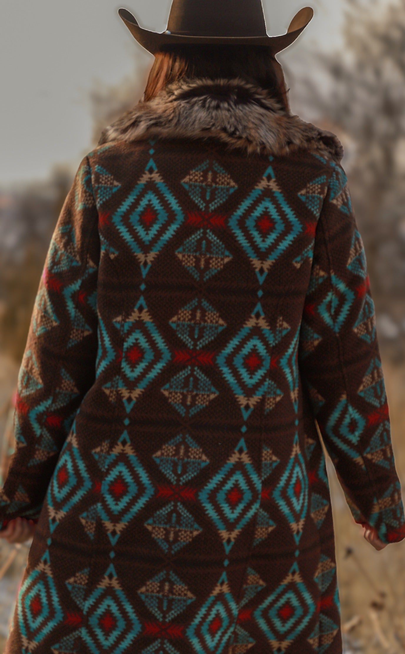 Ladies Long Aztec Jacket/Coat with Removable Fur Collar.L-25608