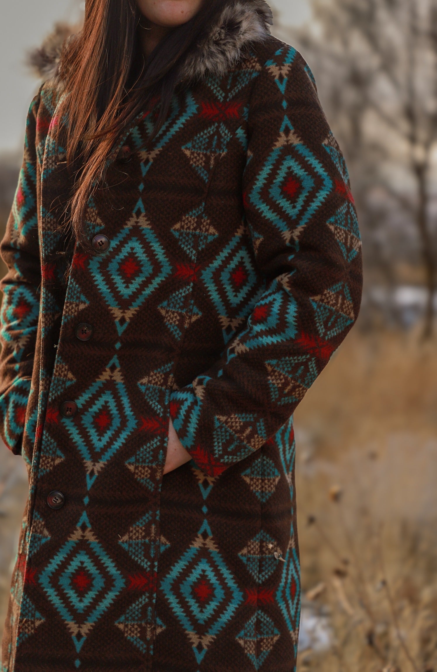 Ladies Long Aztec Jacket/Coat with Removable Fur Collar.L-25608