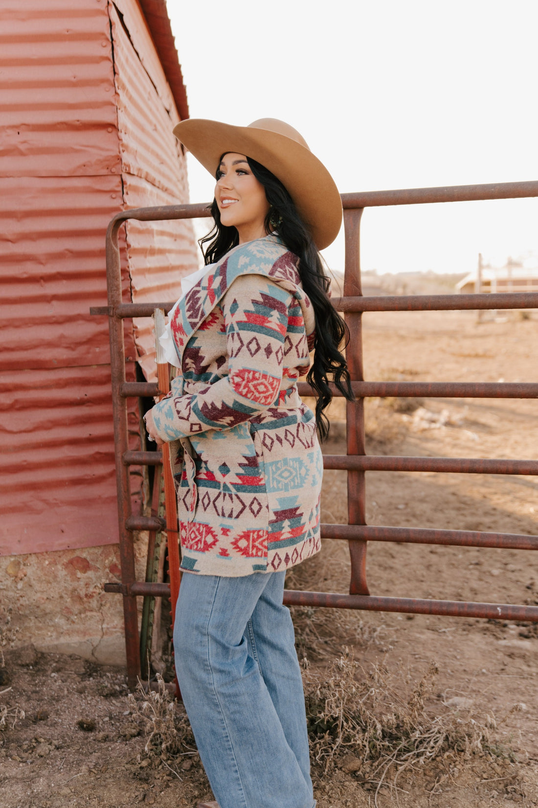 LADIES LONG AZTEC WESTERN OPEN COAT WITH HOOD. L-25918