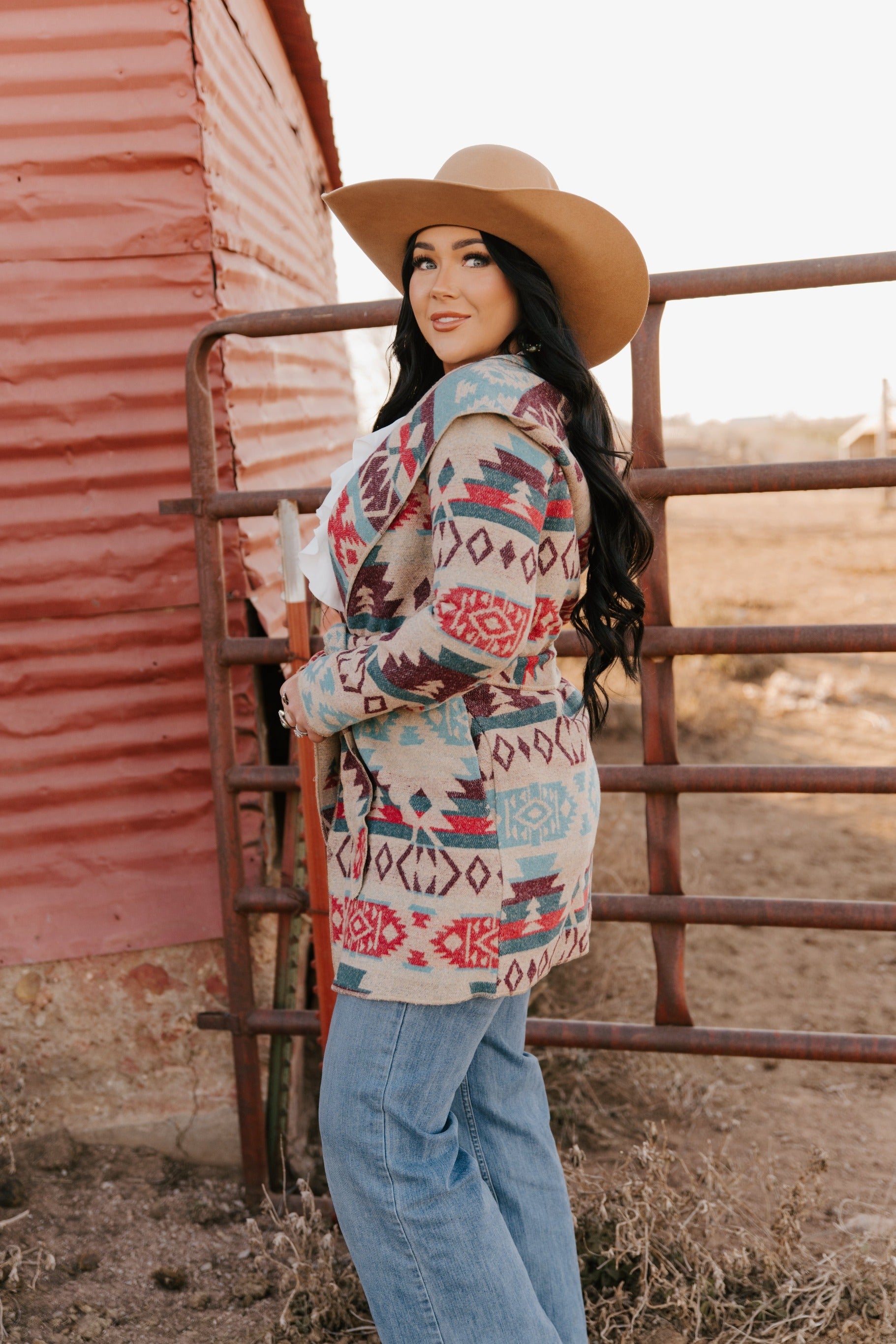 LADIES LONG AZTEC WESTERN OPEN COAT WITH HOOD. L-25918