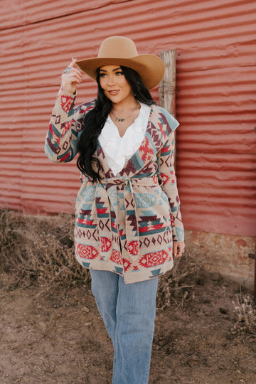 LADIES LONG AZTEC WESTERN OPEN COAT WITH HOOD. L-25918