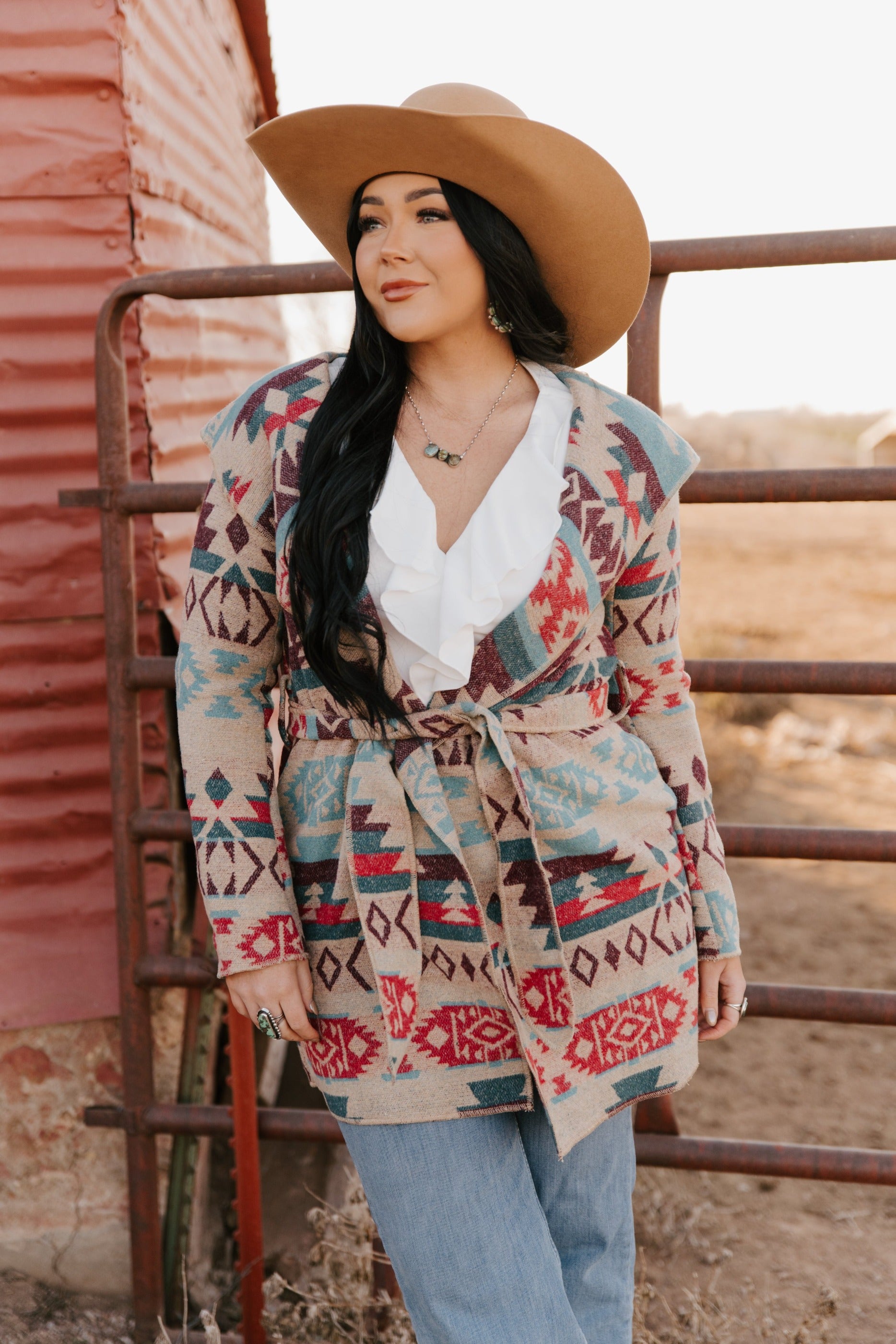 LADIES LONG AZTEC WESTERN OPEN COAT WITH HOOD. L-25918