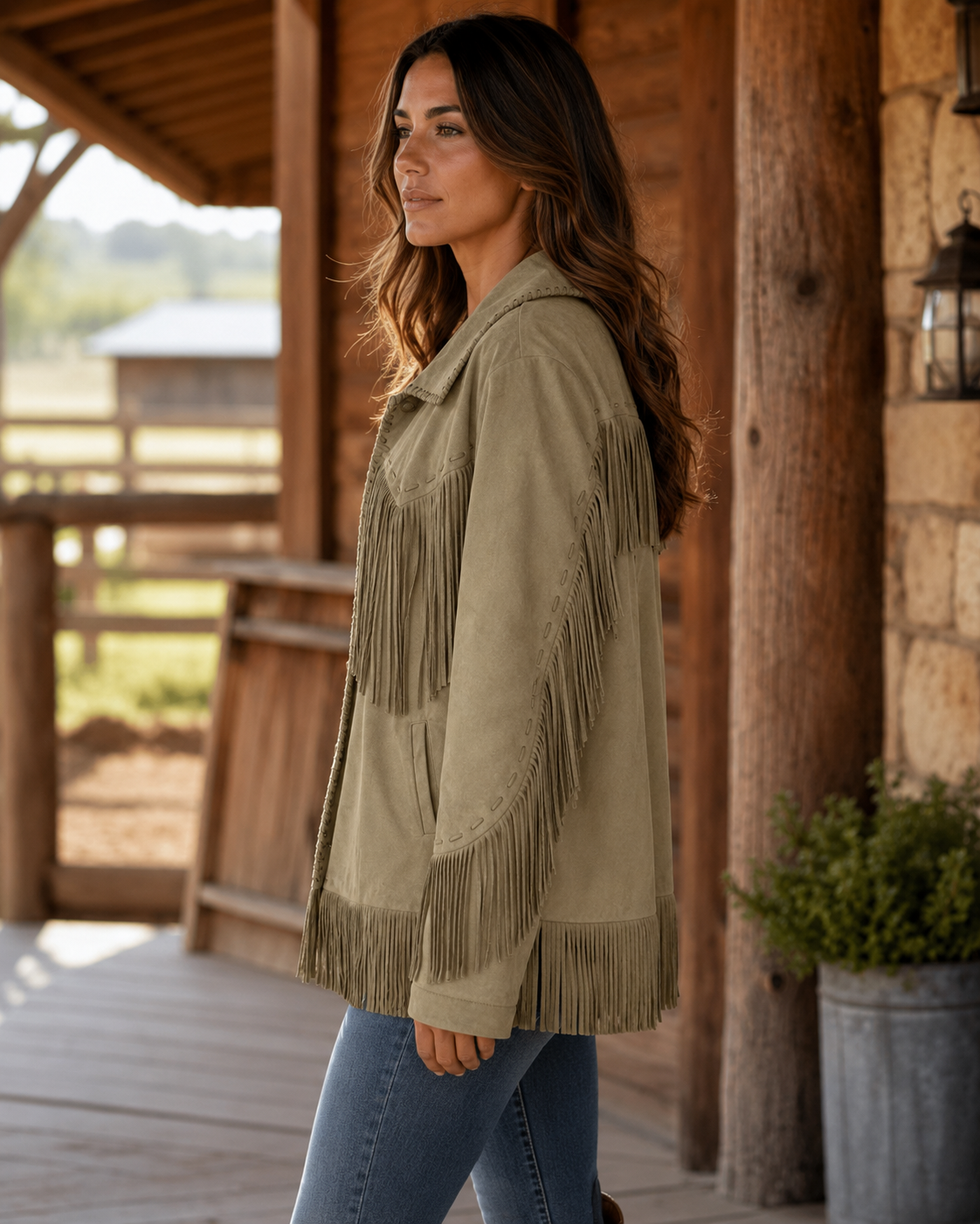 Ladies' Fashion Poly-Suede Fringe Jacket | Style L-26302