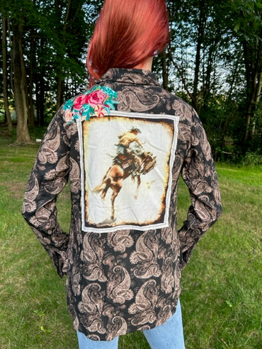 Western style Cowgirl print & patch shirt