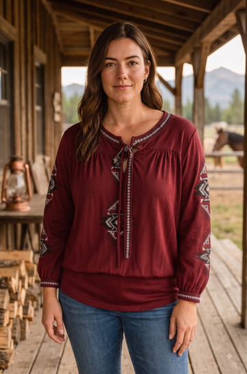 Ladies' Western Embroidered Top | Style RC-1101-WINE