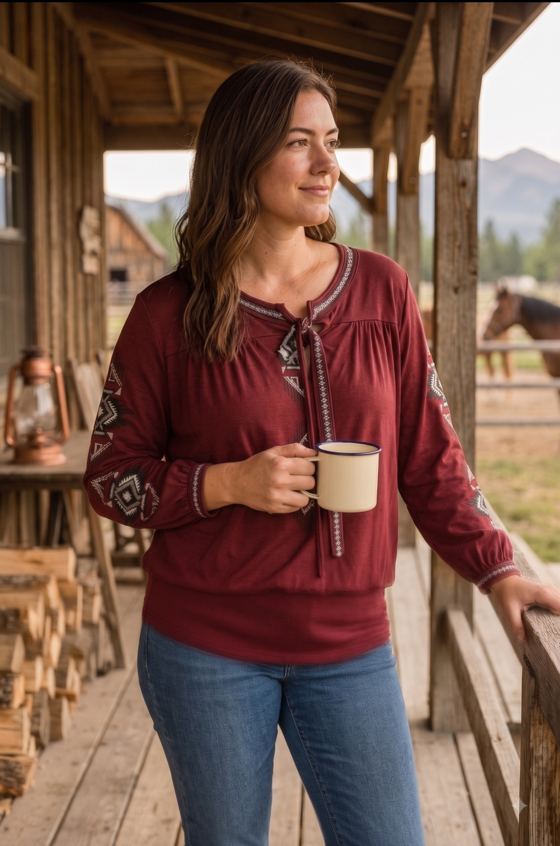 Ladies' Western Embroidered Top | Style RC-1101-WINE