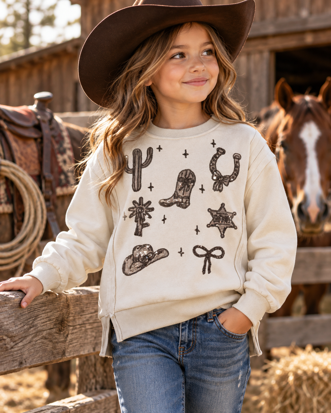 Girls Western Sequin Motif Fleece Sweatshirt | 25090317