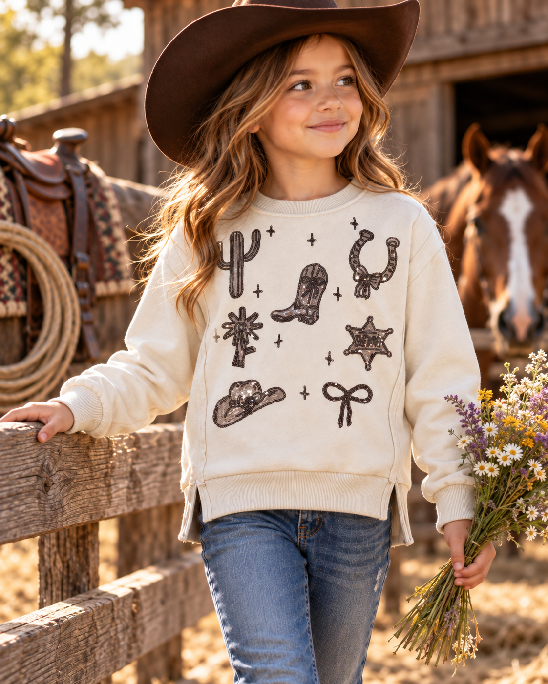 Girls Western Sequin Motif Fleece Sweatshirt | 25090317