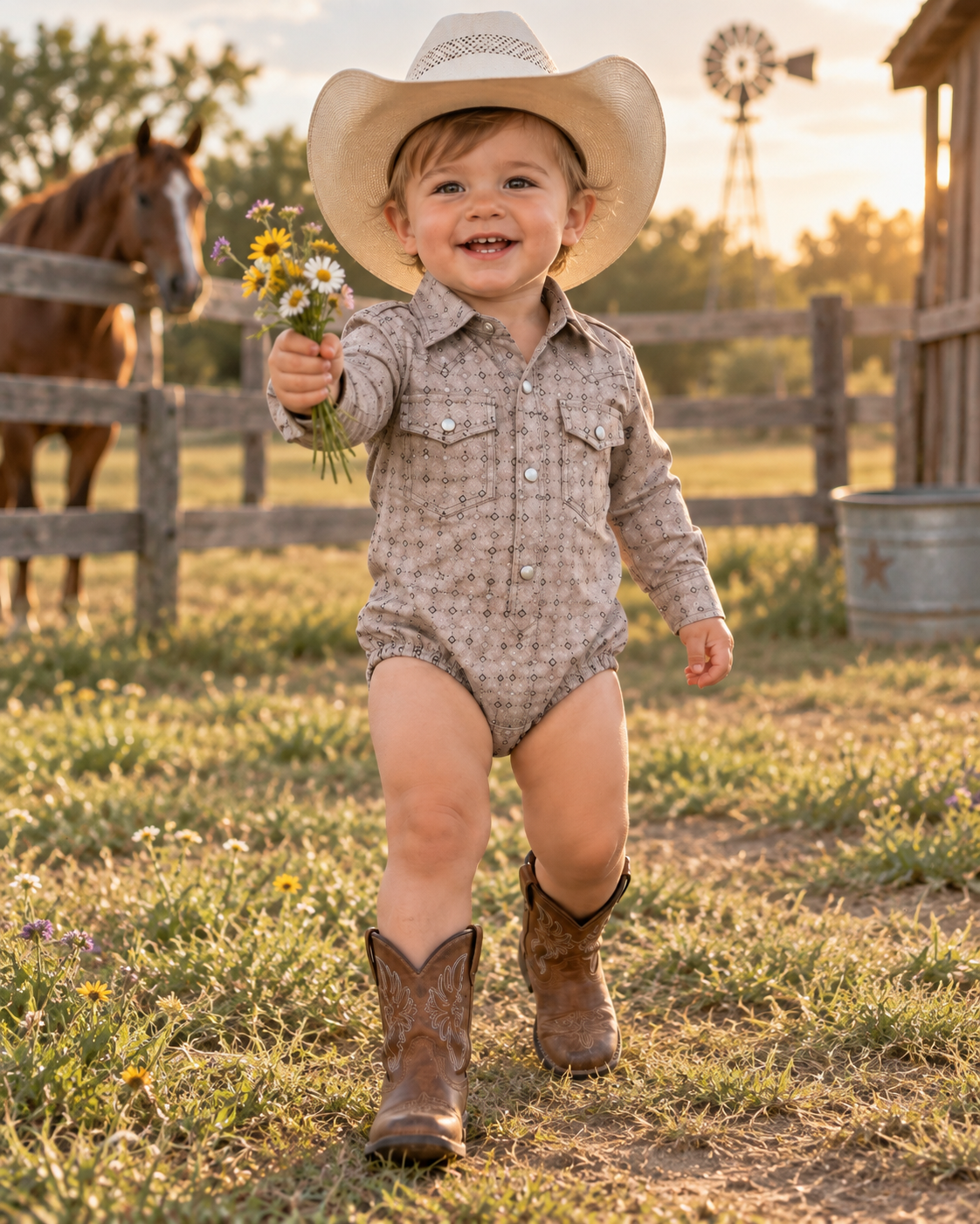 Toddler Western Woven Stretch Onesie | T-26804