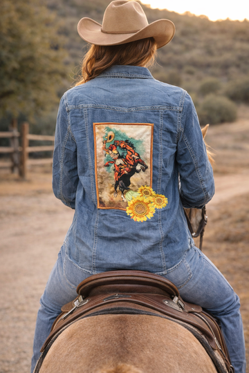 Western Denim Shirt with Vintage Cowboy patch & Sunflower Accent