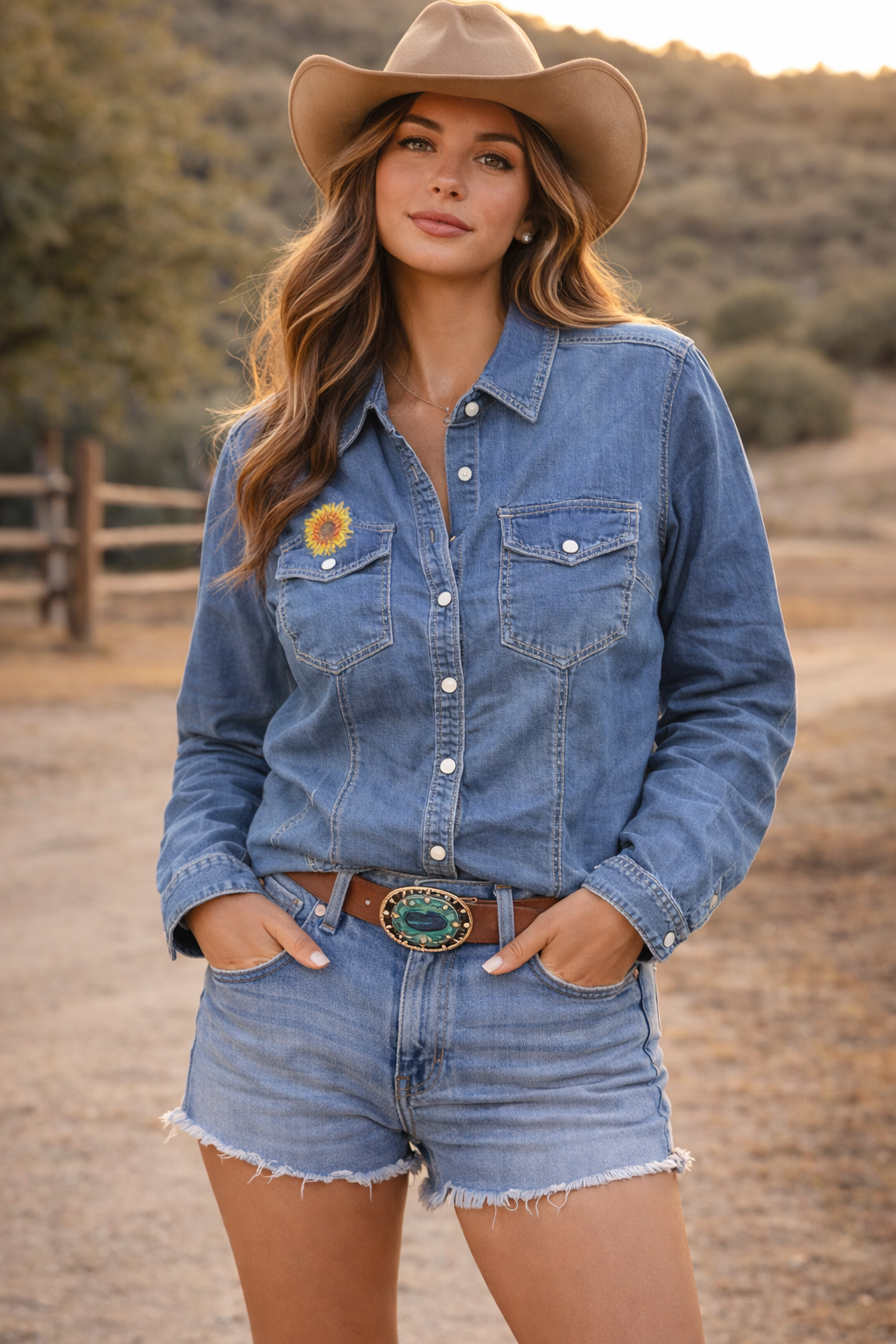 Western Denim Shirt with Vintage Cowboy patch & Sunflower Accent