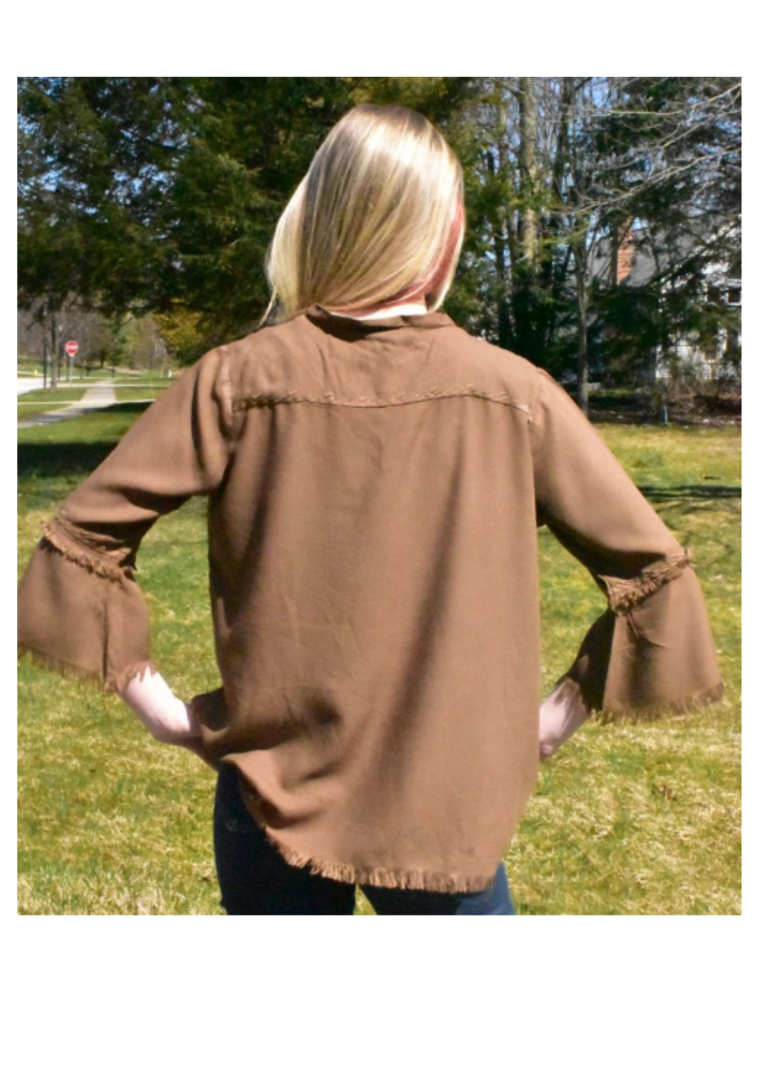 Ladies Premium Cotton Blend Silk Fabric Top with Embroidery and Frill Work with Bell Sleeves.L-12002