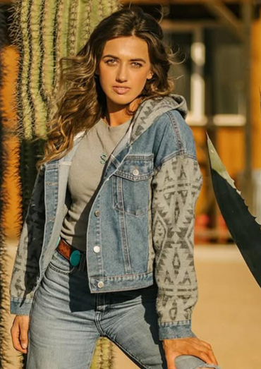 Ladies Denim with Aztec Fashion Jacket with Hood