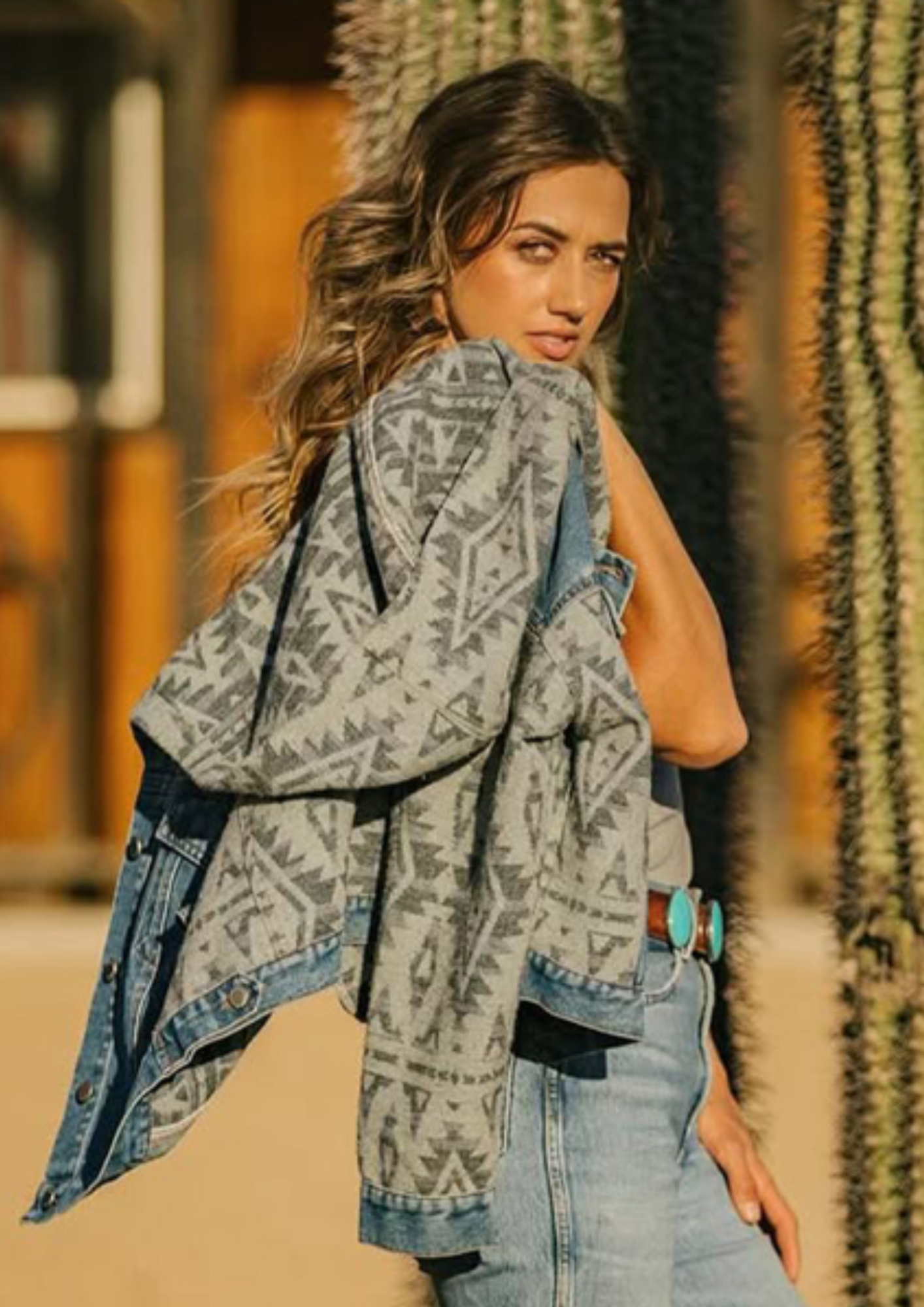 Ladies Denim with Aztec Fashion Jacket with Hood