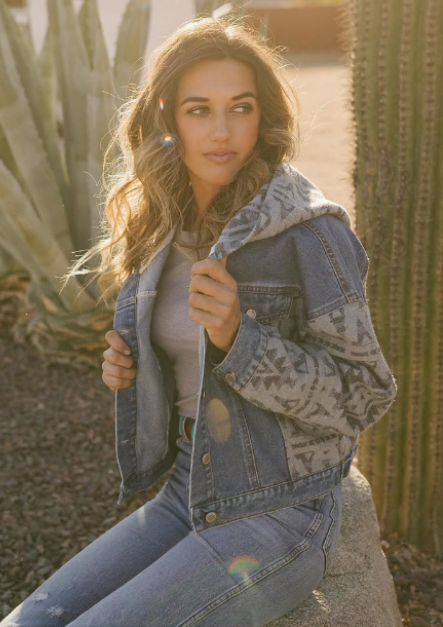 Ladies Denim with Aztec Fashion Jacket with Hood