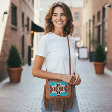 Genuine Leather Crossbody Bag with Woven Fabric Patch
