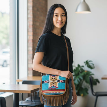 Genuine Leather Bag with Fringes & Aztec Flap