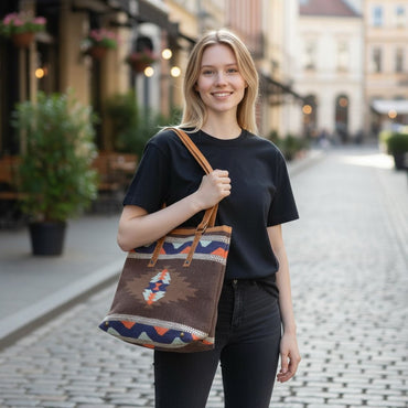 Southwestern Aztec-Leather Tote Bag