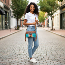 Cross Shoulder Crunch Leather Bag with Tooling Patch
